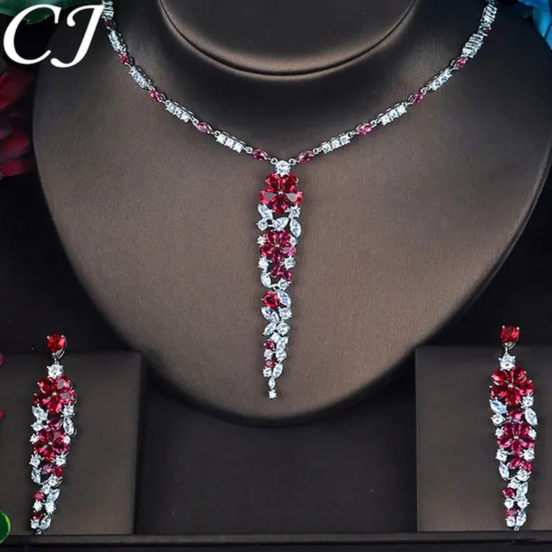 CANDICE Elegant Ruby CZ Big Bridal Jewelry Set for Women Red Cubic Zirconia Diam