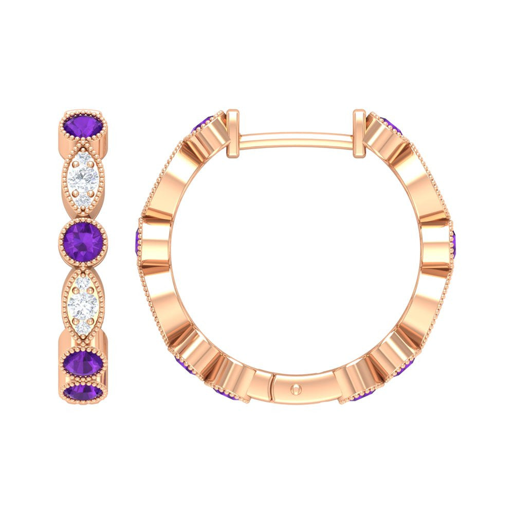 0.75 CT Amethyst and Diamond Hoop Earrings, Amethyst Vintage Earrings, Hoop Earr
