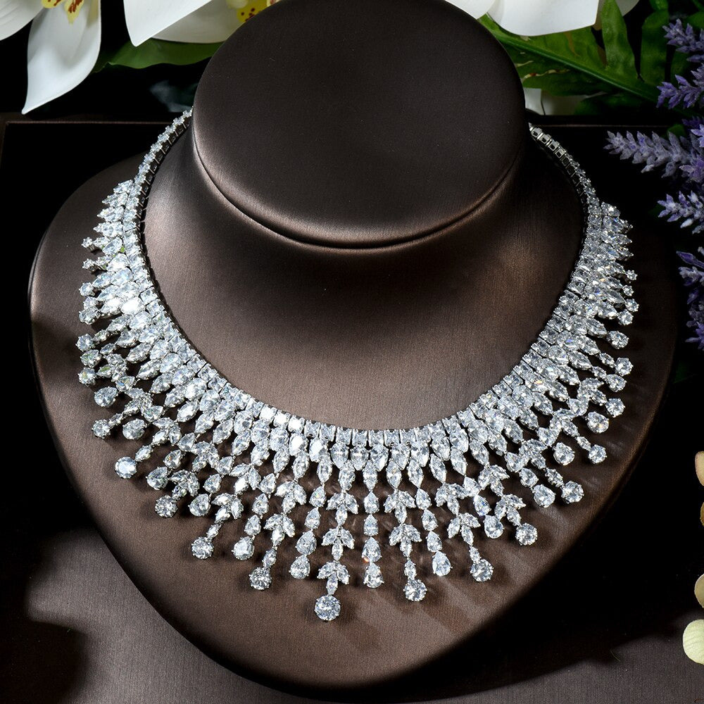 Fashion White AAA CZ Zirconia Leaf Earring Necklace Set for Women Bridal Wedding