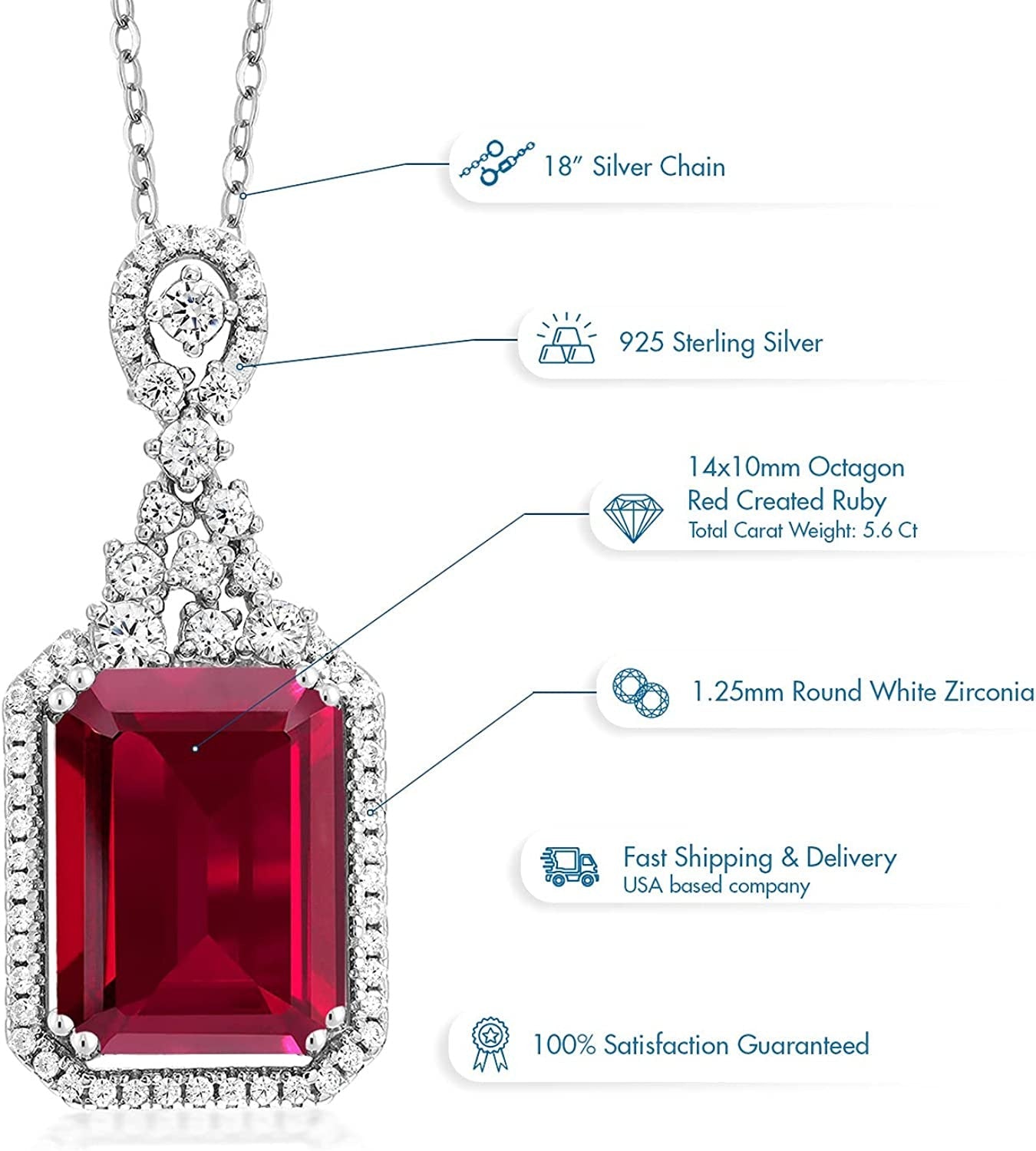 925 Sterling Silver Red Created Ruby Pendant Necklace for Women (5.60 Cttw, Emer