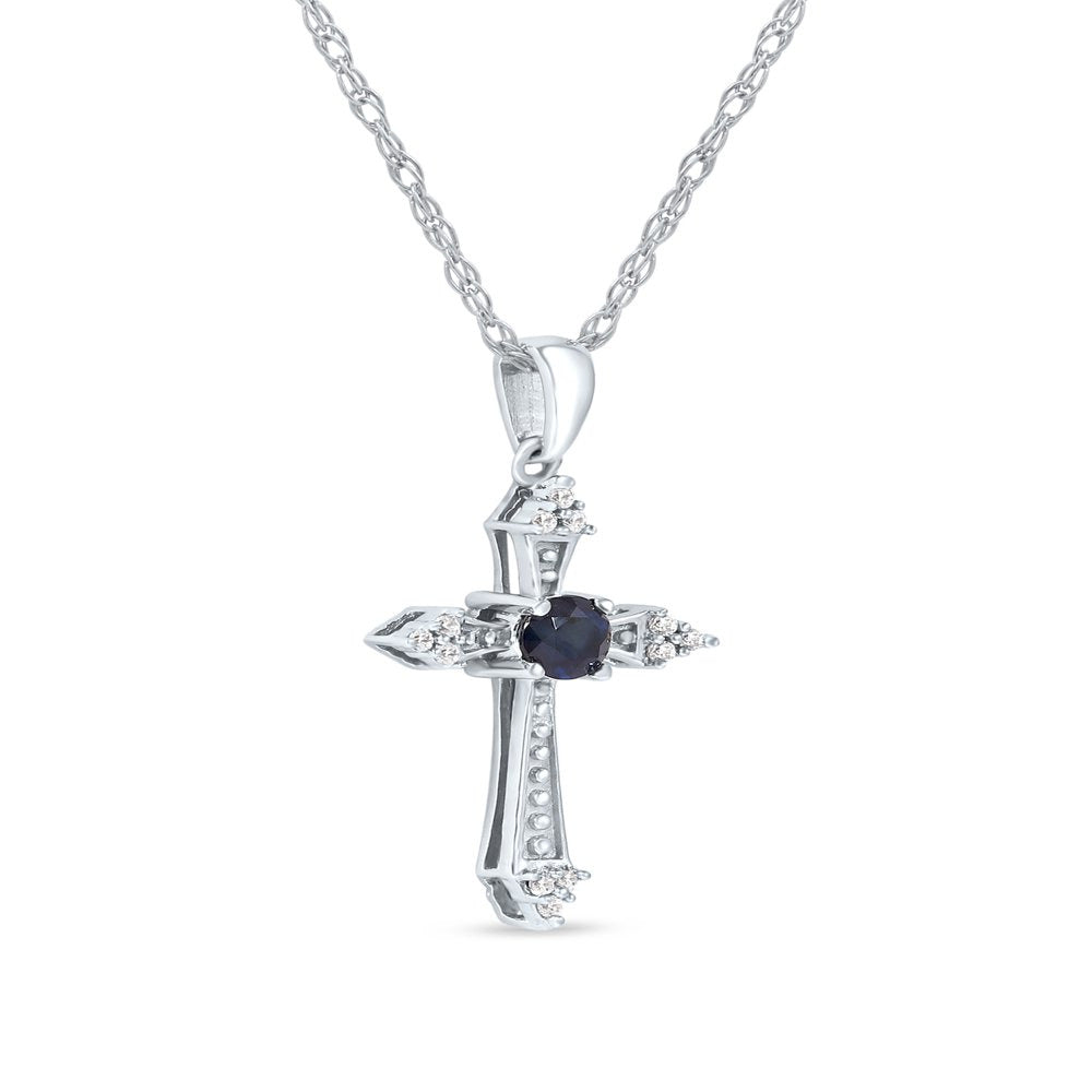 Imperial Gemstone 10K White Gold round Cut Blue Sapphire Diamond Accent Cross Ne