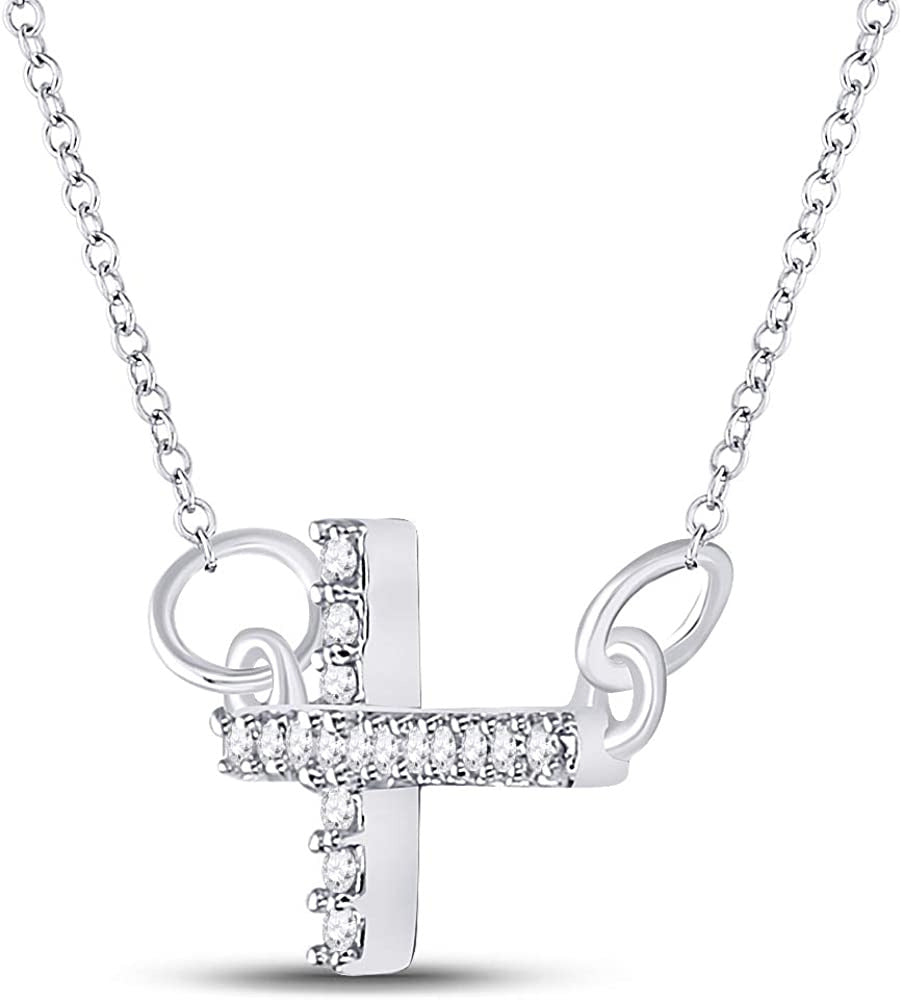 Sterling Silver Womens round Diamond Horizontal Sideways Cross Necklace 1/10 Ctt