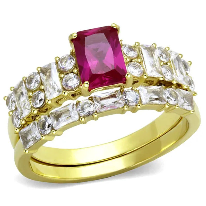 2.64 Ct Emerald Cut Ruby Zirconia 14K Gold Plated Wedding Ring Set Women'S Size