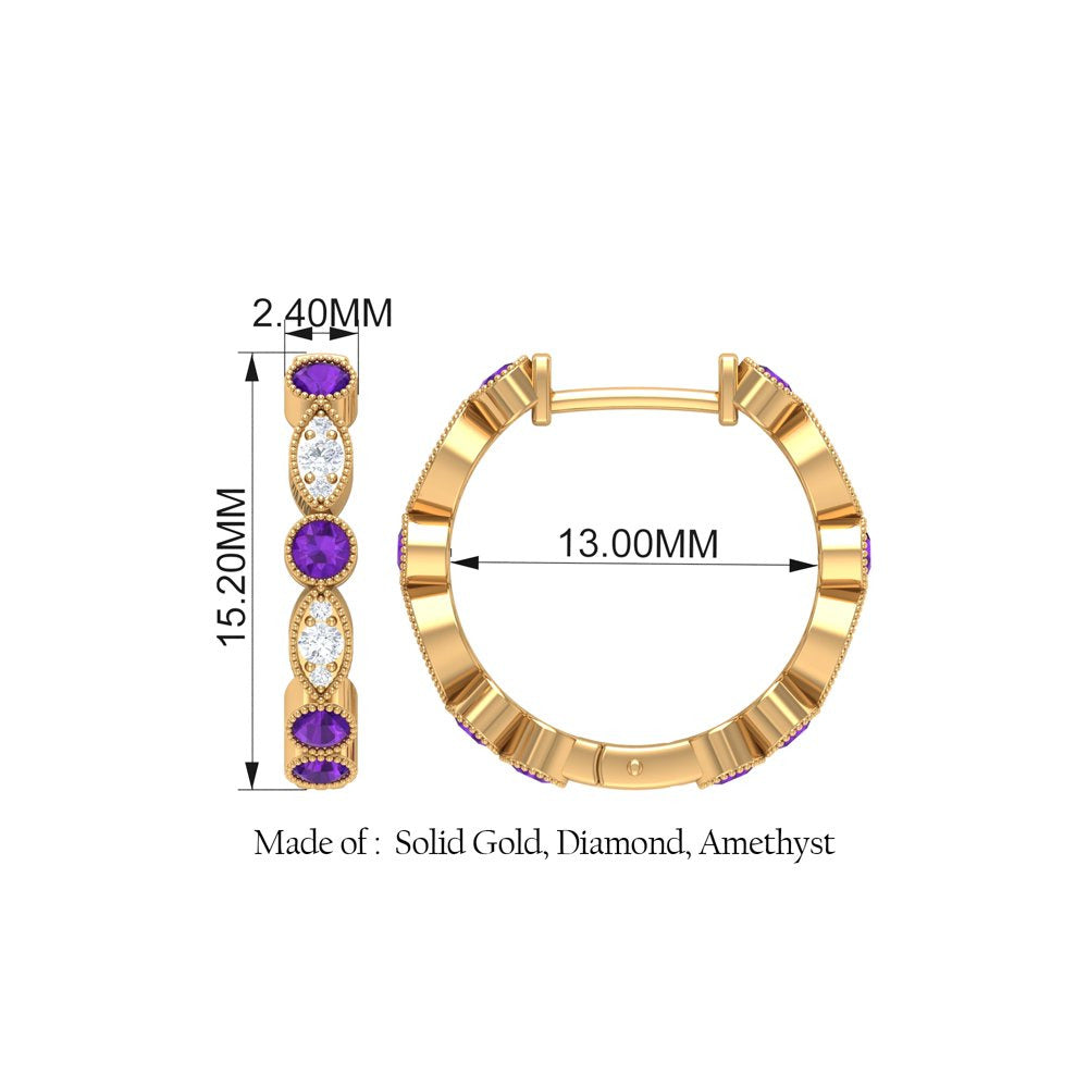 0.75 CT Amethyst and Diamond Hoop Earrings, Amethyst Vintage Earrings, Hoop Earr