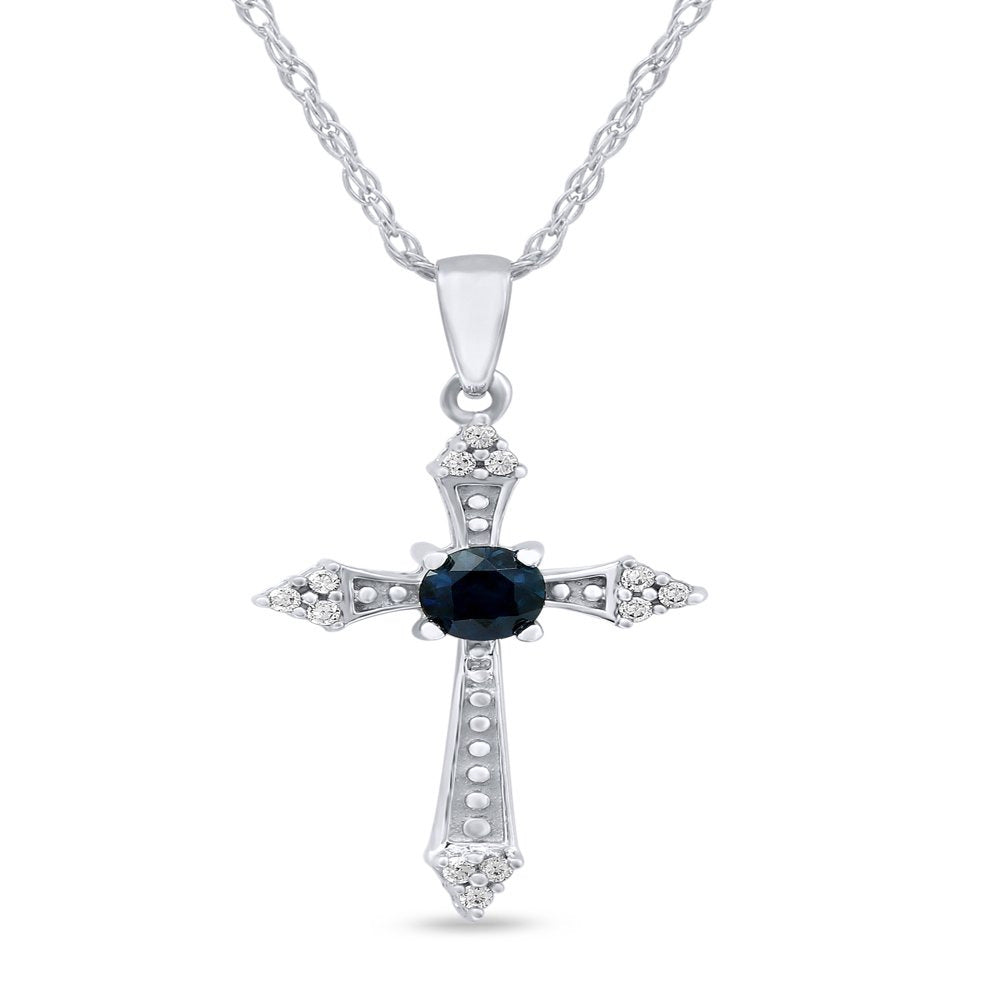 Imperial Gemstone 10K White Gold round Cut Blue Sapphire Diamond Accent Cross Ne