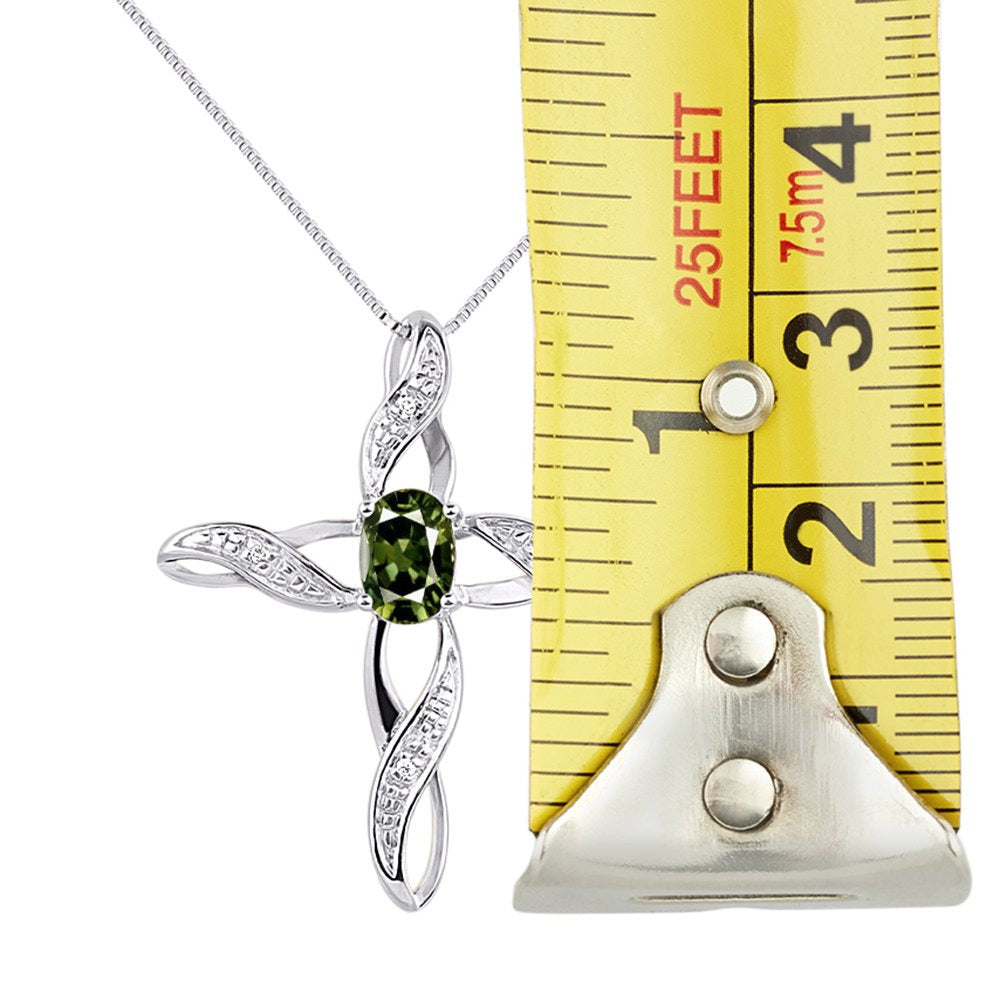 Diamond & Green Sapphire Cross Pendant Necklace Set in Sterling Silver .925 with