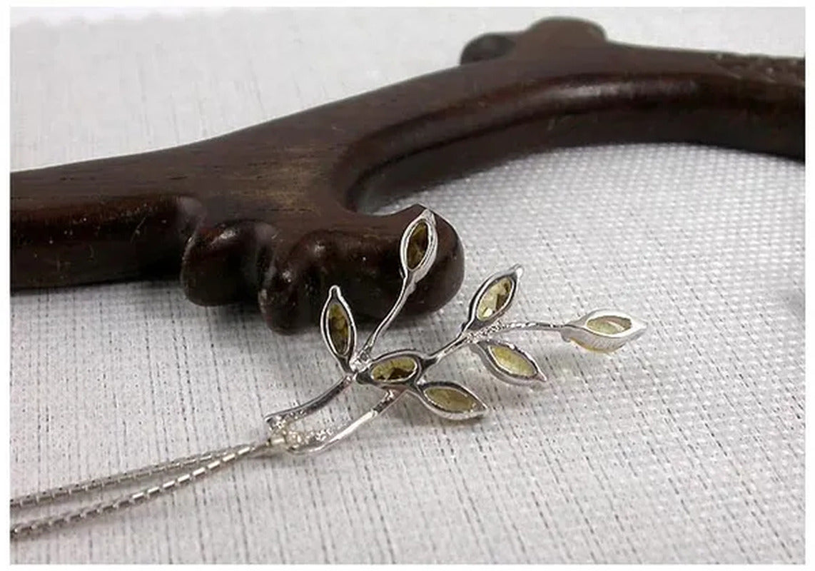 Beautiful Leaf Shape Yellow Crystal Jewelry Sets Ring Pendant Necklace Pure 925