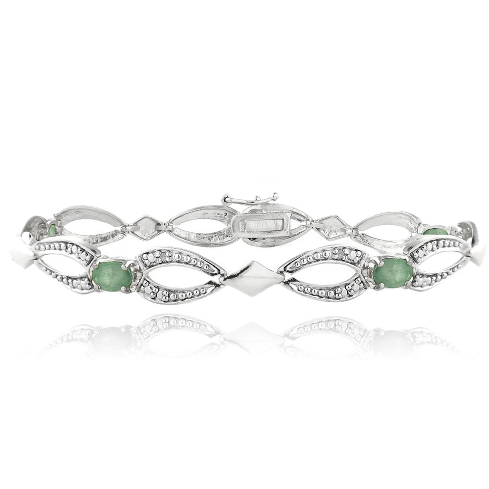 Silver Tone Emerald & Diamond Accent Oval Link Bracelet,