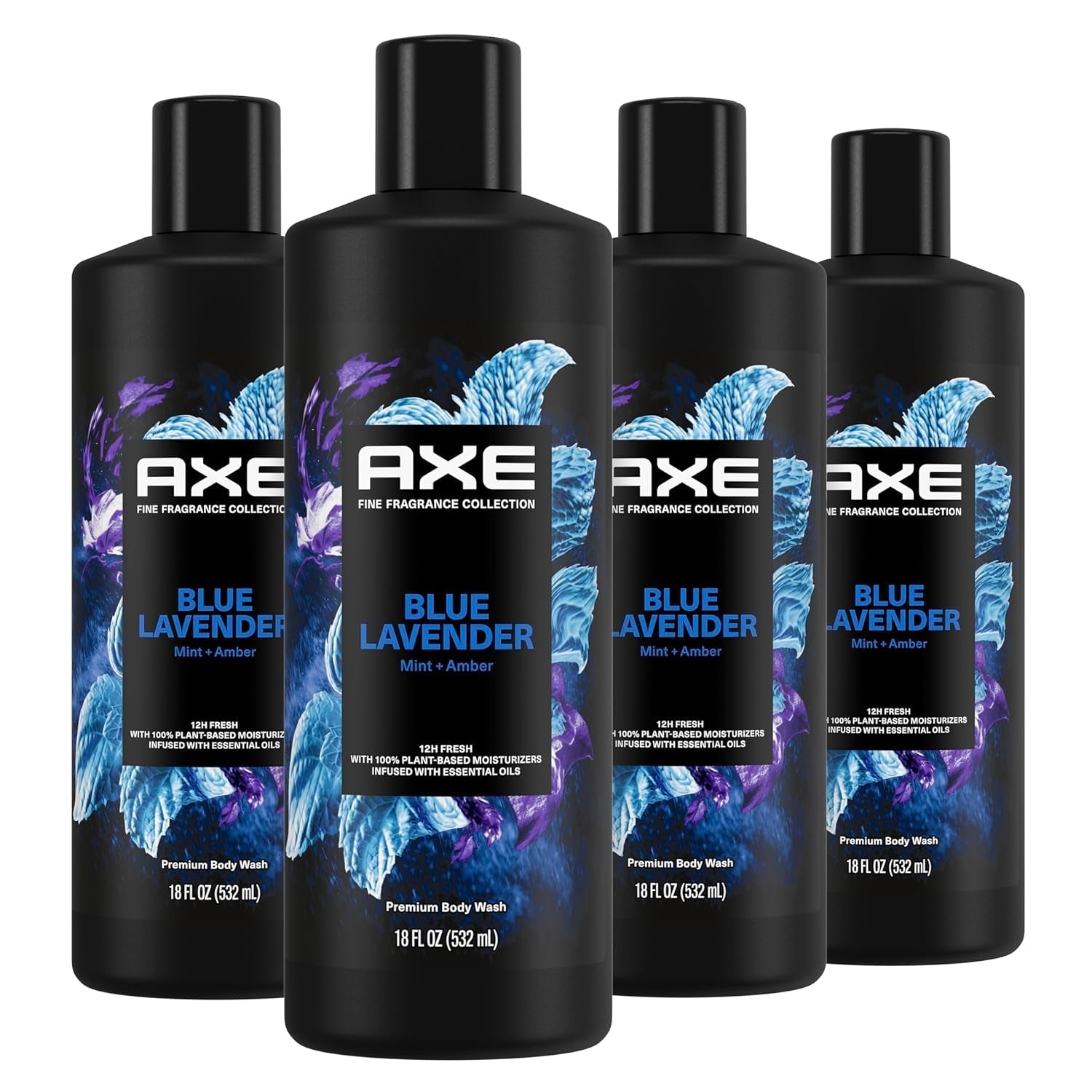 Fine Fragrance Collection Body Wash for Men Blue Lavender 4 Count 12H Refreshing Scent Shower Gel Infused with Lavender, Mint, and Amber Essential Oils 18 Oz