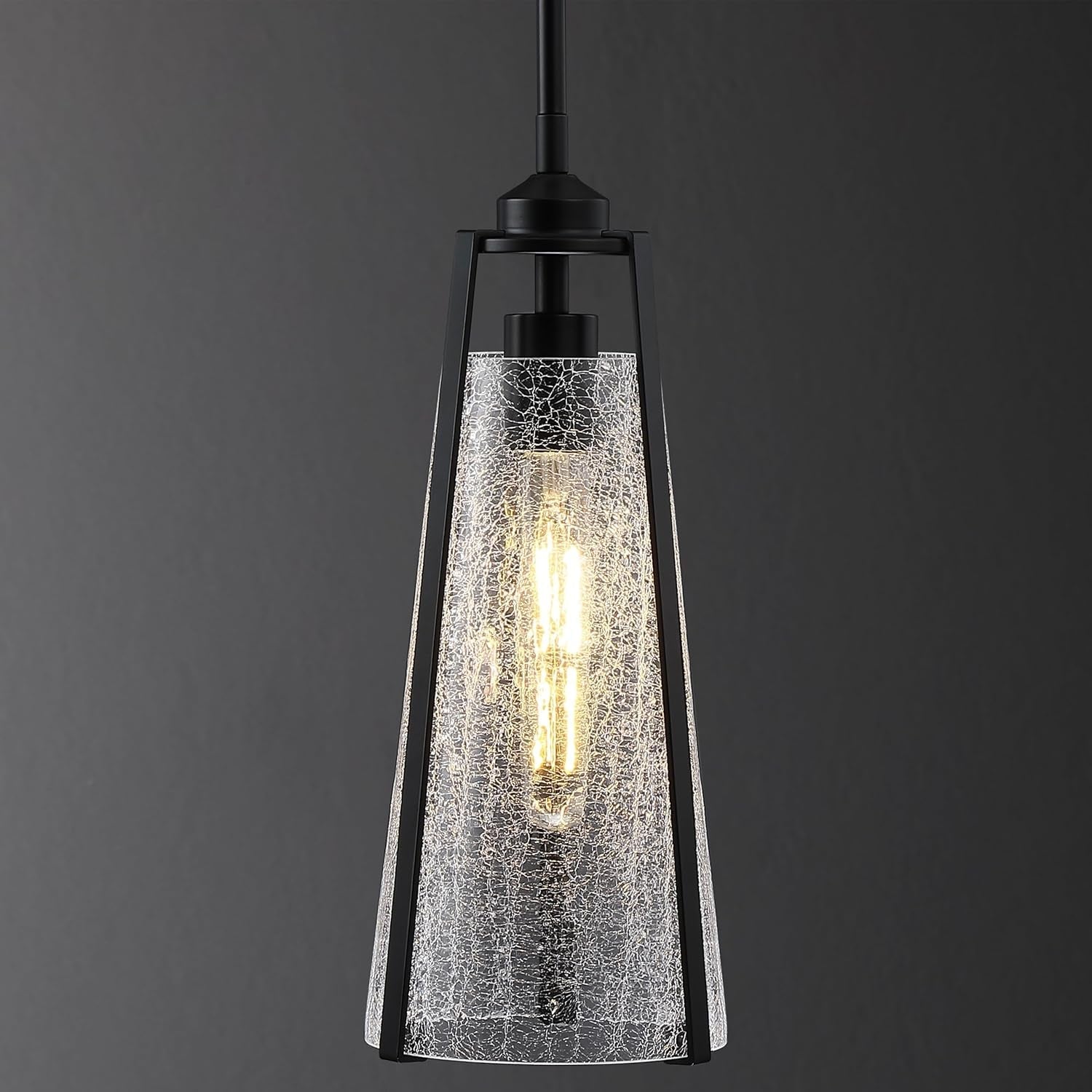 Crackle Glass Pendant Lights Black Hanging Ceiling Light Fixtures 14" Farmhouse Chandelier Adjustable Metal Cord for Dining Room Kitchen Island Bedroom Foyer, T10 Bulb Included