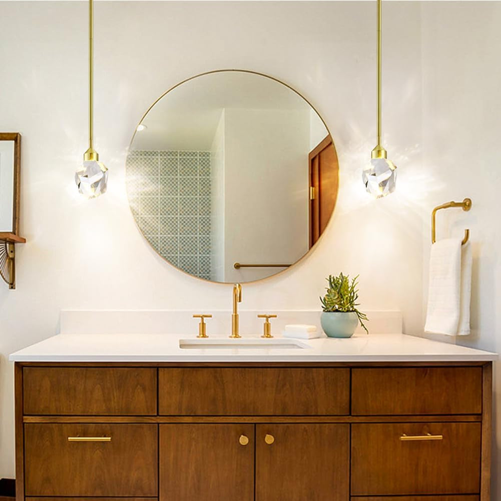 Gold Crystal Pendant Light Small Hanging Pendant Light Fixtures 8W LED Light 3 Color Temperature Adjustable 3000K-5000K-4000K Mini Single Modern Chandelier for Kitchen Island Bathroom