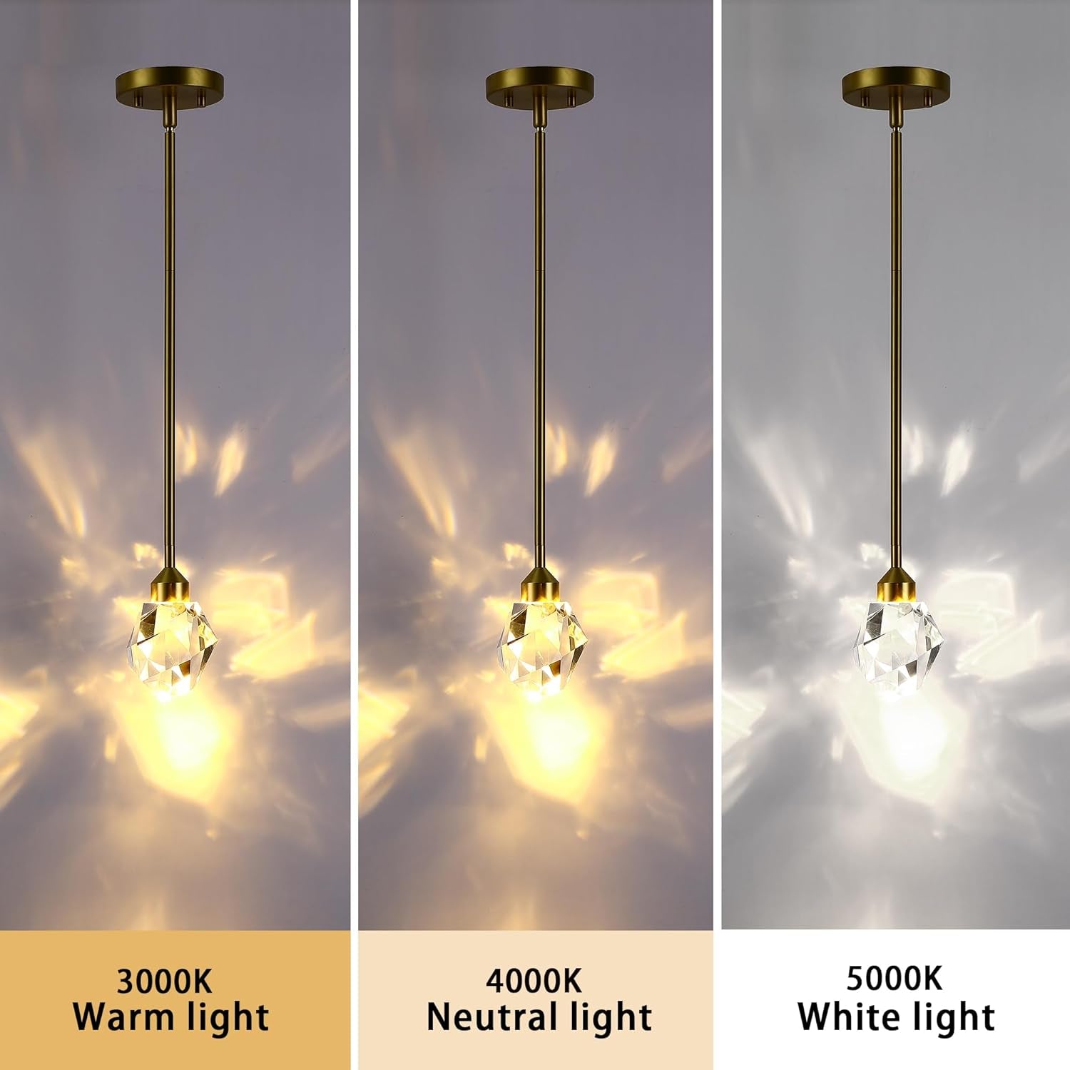 Gold Crystal Pendant Light Small Hanging Pendant Light Fixtures 8W LED Light 3 Color Temperature Adjustable 3000K-5000K-4000K Mini Single Modern Chandelier for Kitchen Island Bathroom