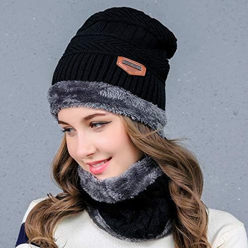 Warm Winter Beanie Hat & Scarf Set Stylish Knit Skull Cap for Men Women
