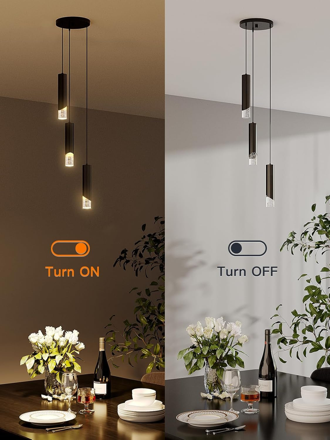 Modern Pendant Lights, 3-Lights Crystal Pendant Lighting for Kitchen Island, Dimmable Hanging Light Fixture with Adjustable Height for Kitchen, Dining Room, Bedroom (3-Lights, Black)