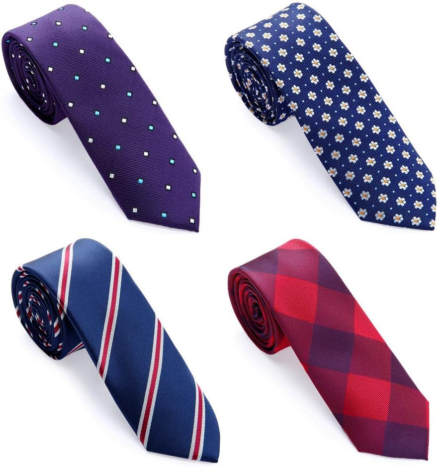 4 Packs Skinny Neckties for Men Boys, 2.35'' Wide Slim Ties in Different Textured Style Mixed Set