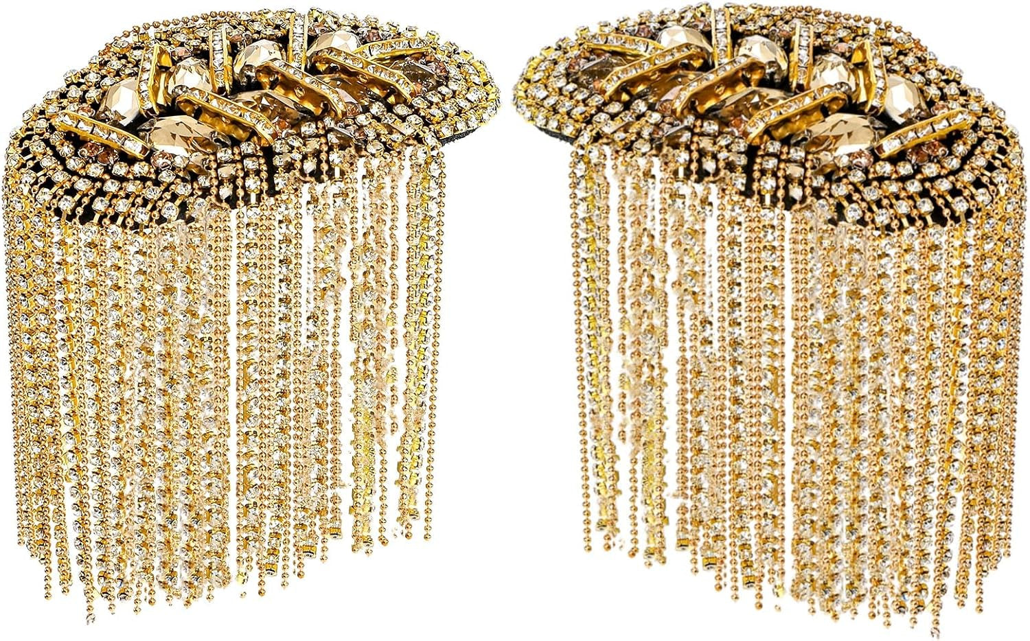 2 Pack Tassel Shoulder Epaulette, Punk Metal Cosplay Ringmaster Shoulder Pads Epaulet with Pins, Gold Rhinestone Beaded Diamond Shoulder Boards Badge Brooch for Men Women Uniform Costume