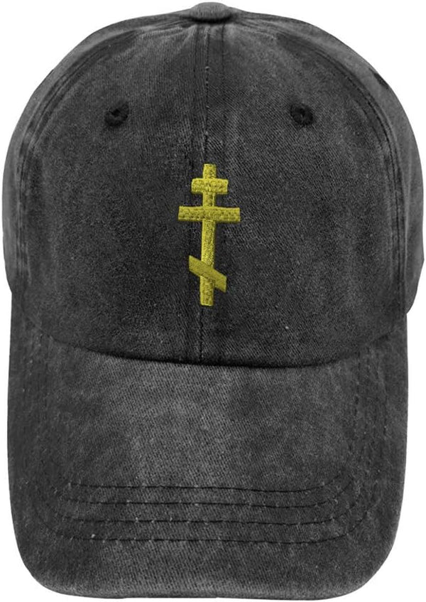 Vintage Washed Hat Russian Orthodox Cross Embroidery Cotton Dad Hats for Men & Women Buckle Closure Black Design Only