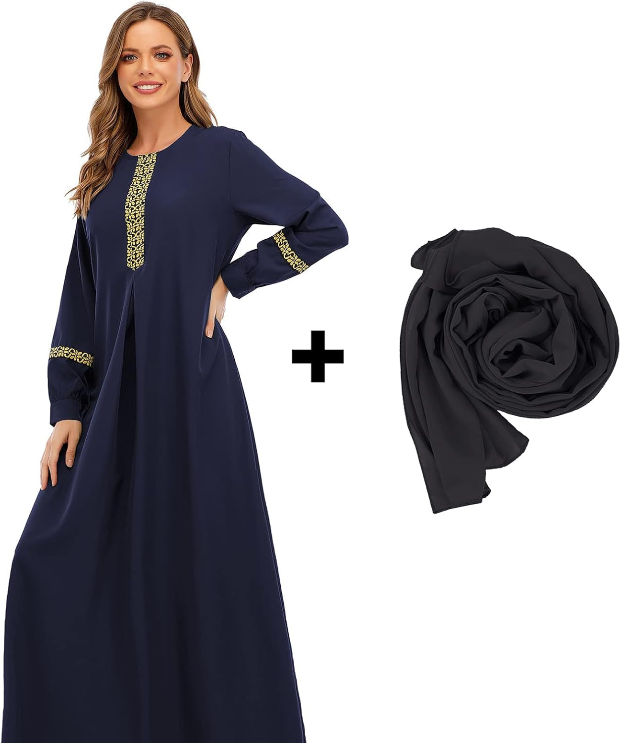Womens Long Sleeve Ethnic Style Zipper Muslim Dresses Abaya with Hijabs