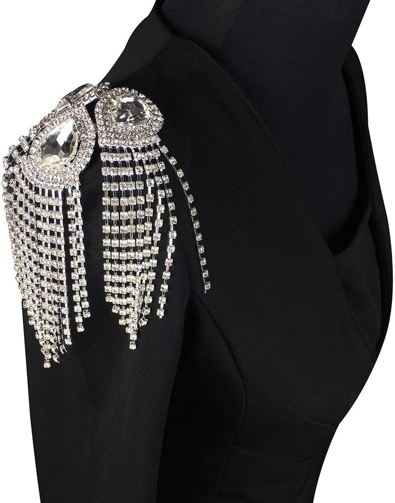 Beaded Diamond Waterdrop Design Patches Crystal Fringe Tassel Rhinestones Shoulder Badges Brooches Women Dress Applique 2Piece