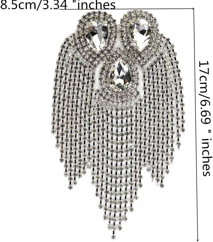 Beaded Diamond Waterdrop Design Patches Crystal Fringe Tassel Rhinestones Shoulder Badges Brooches Women Dress Applique 2Piece