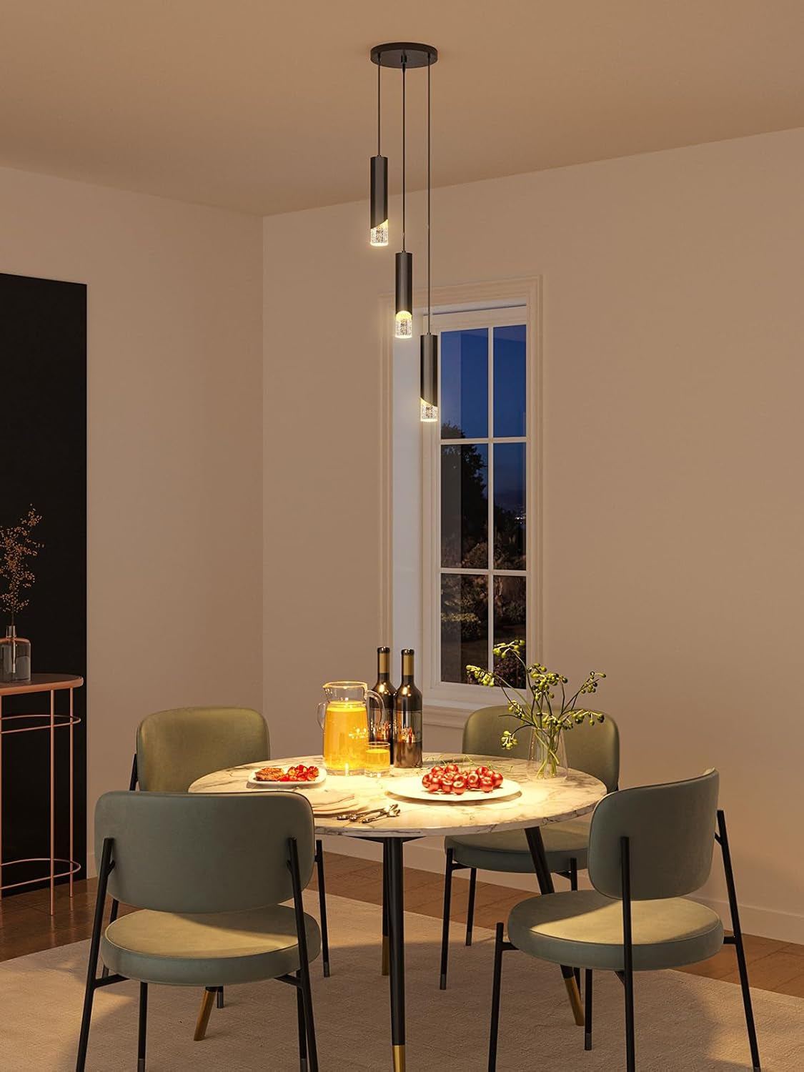 Modern Pendant Lights, 3-Lights Crystal Pendant Lighting for Kitchen Island, Dimmable Hanging Light Fixture with Adjustable Height for Kitchen, Dining Room, Bedroom (3-Lights, Black)