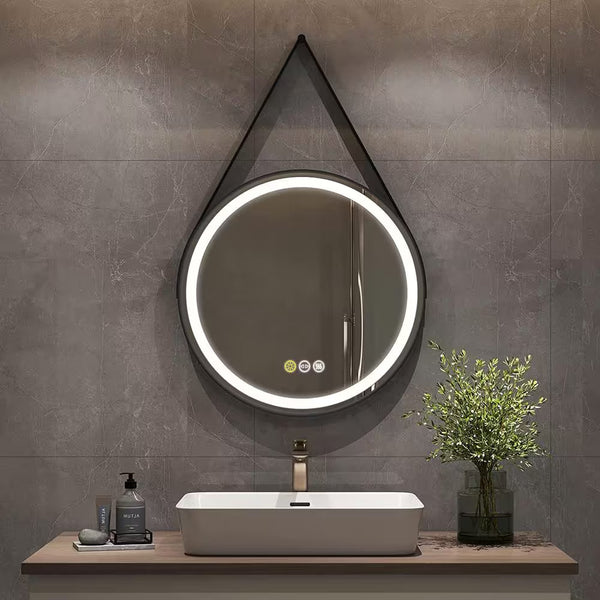 24 In. W X 24 In. H round Aluminum Framed Antifog 3-Color Dimmable LED Lighted Wall Hanging Bathroom Vanity Mirror Black