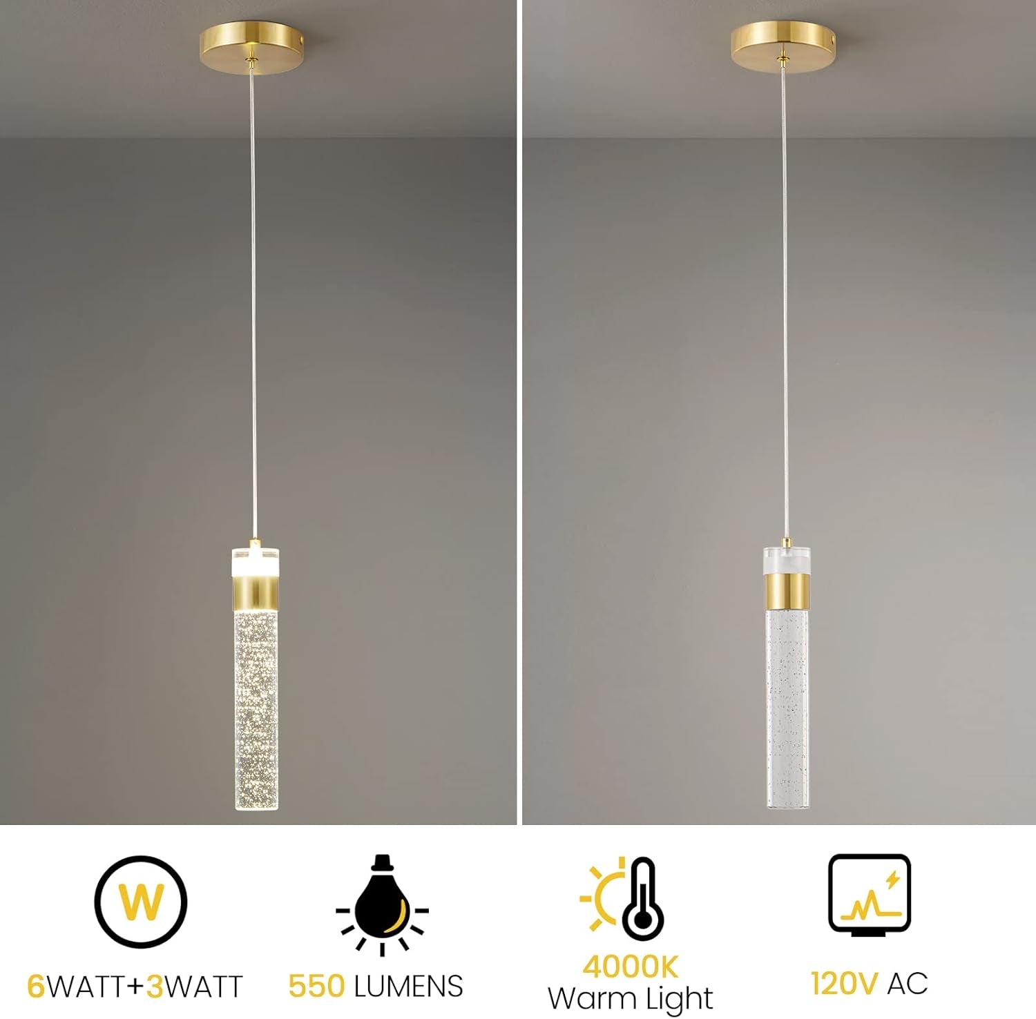Gold Pendant Light Crystal Pendant Light Fixtures for Kitchen Island Lighting 4000K LED Modern Adjustable Chandelier Hanging Bubble Pendant Lighting (1Pack)