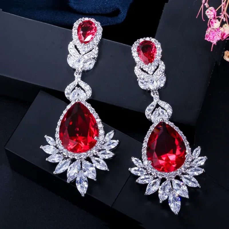 CANDICE Gorgeous Natural Red Green Zirconia Setting Silver Plated Big Teardrop Dangle Earrings for Women Party Dress Accessories
