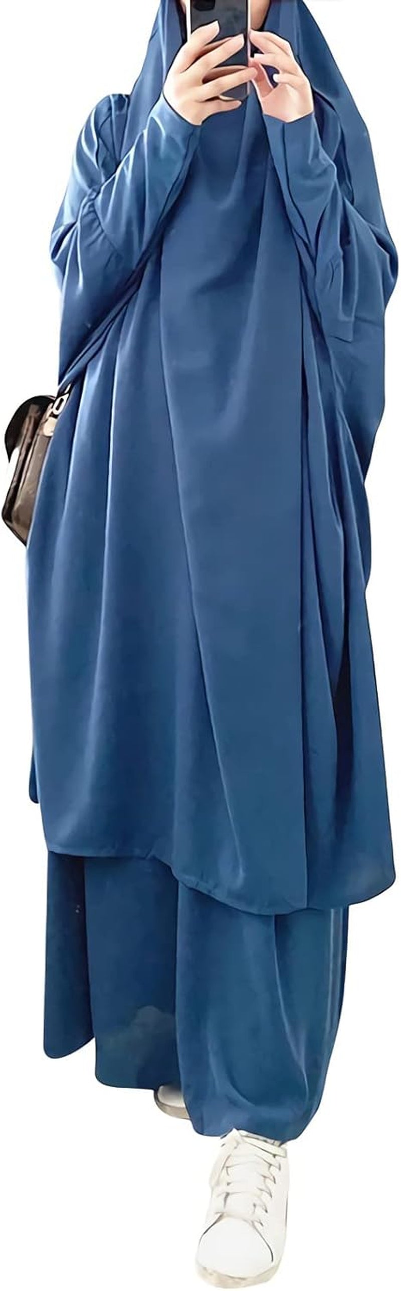 Womens Muslim Abaya Solid 2 Piece Prayer Dress Islamic Maxi Kaftan with Hijab Dubai Full Length Dress