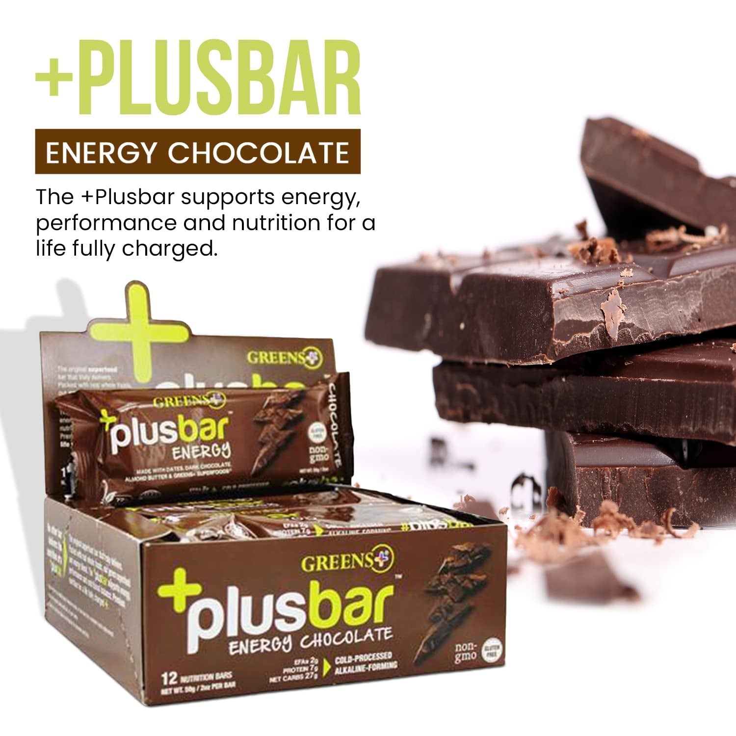 Plusbar Energy Bars, Chocolate, Gluten Free Healthy Snacks with Organic Super Greens, Superfoods & Dark Chocolate, Vegan, Dairy Free & Non GMO, 8G Protein Meal Replacement Bars, 12 Bars