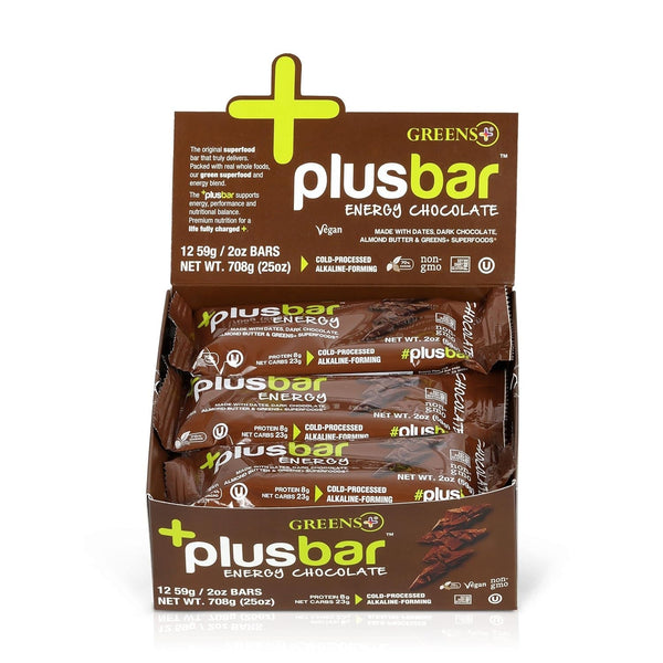 Plusbar Energy Bars, Chocolate, Gluten Free Healthy Snacks with Organic Super Greens, Superfoods & Dark Chocolate, Vegan, Dairy Free & Non GMO, 8G Protein Meal Replacement Bars, 12 Bars