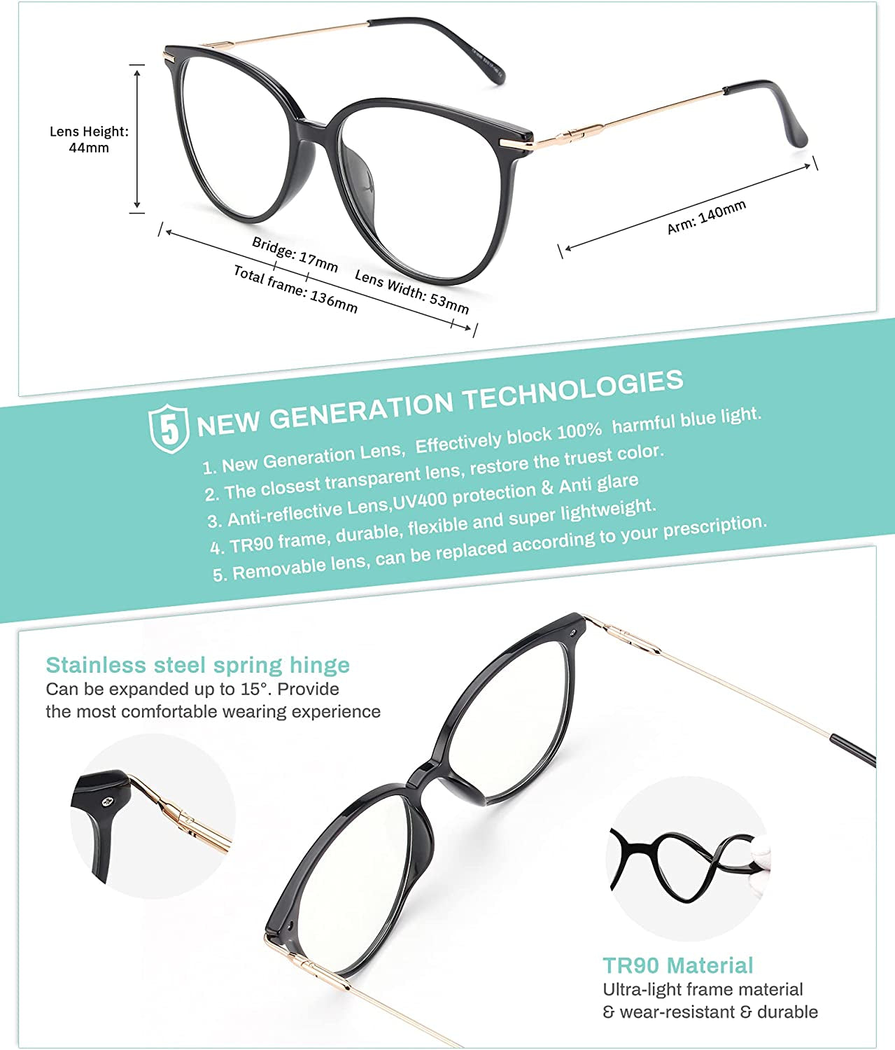 Blue Light Blocking Glasses Women/Men, Fashion Cat Eye Fake Eyeglasses UV Ray Filter Computer Gaming Glasses (Light Black Frames/Transparent Lens)
