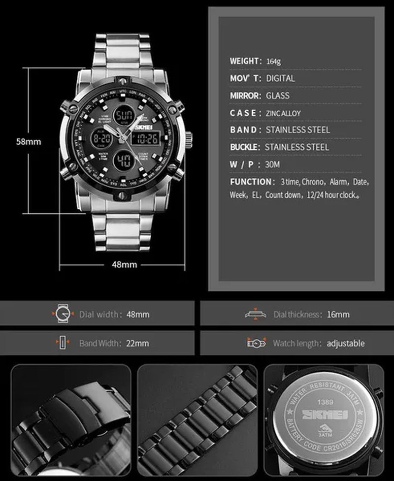 Mens SKMEI Watches Top Luxury Brand Sport Countdown Stainless Steel Strap Wrist watch