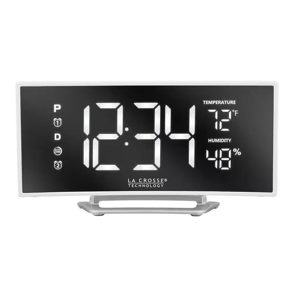 Curved Mirror LED Alarm Clock with Temperature & Humidity, USB Port