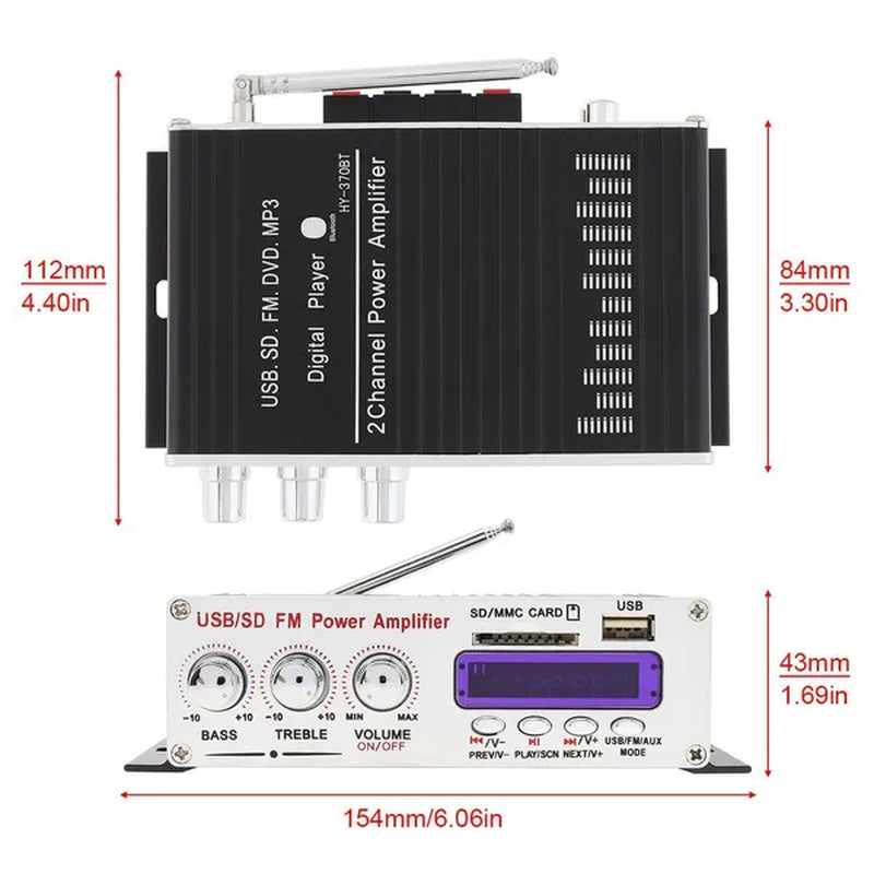 370BT Remote Control Bluetooth 2CH HI-FI High Power Car Audio Amplifier FM Radio Player Support SD / USB / DVD / MP3 for Car Motorcycle Home