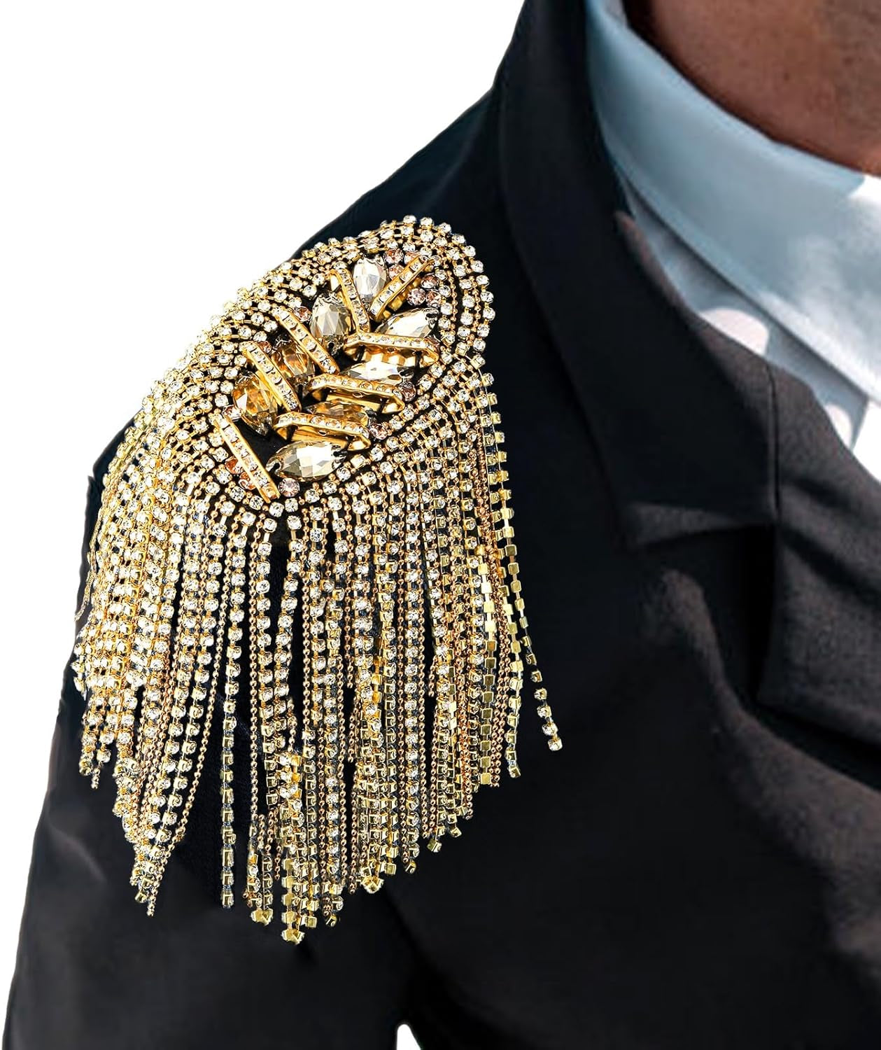2 Pack Tassel Shoulder Epaulette, Punk Metal Cosplay Ringmaster Shoulder Pads Epaulet with Pins, Gold Rhinestone Beaded Diamond Shoulder Boards Badge Brooch for Men Women Uniform Costume