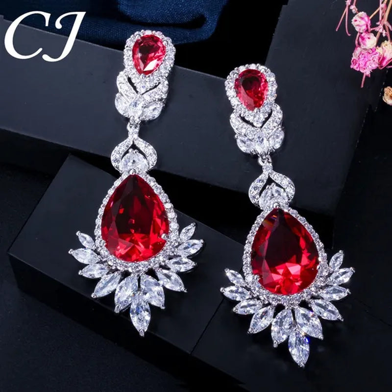CANDICE Gorgeous Natural Red Green Zirconia Setting Silver Plated Big Teardrop Dangle Earrings for Women Party Dress Accessories