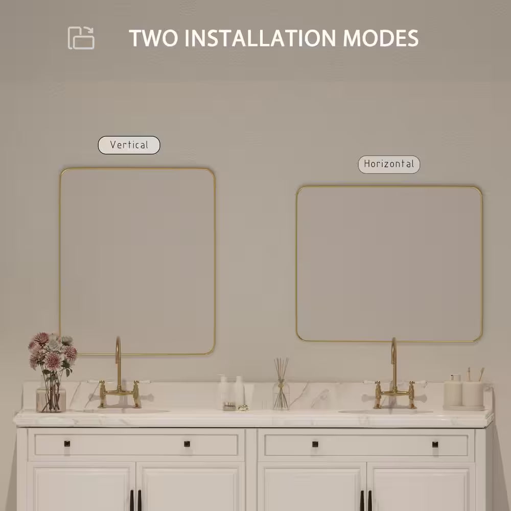 30 In. W X 36 In. H Rectangular Aluminum Framed Wall Mount Bathroom Vanity Mirror in Gold
