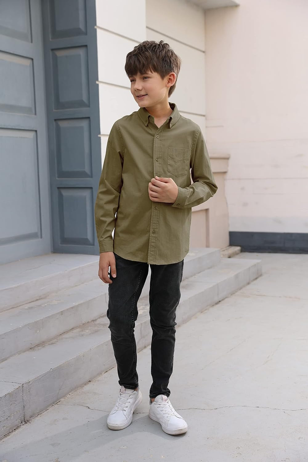 Boys' Long Sleeve Dress Shirts Classic Collared Button-Down Tshirt Solid Cotton Top with Chest Pocket