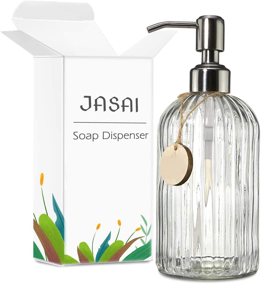 18 Oz Clear Glass Soap Dispenser with Rust Proof Stainless Steel Pump, Refillable Liquid Hand Soap Dispenser for Bathroom, Premium Kitchen Soap Dispenser (Clear).