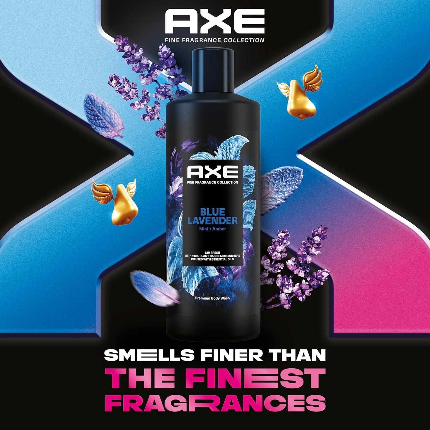 Fine Fragrance Collection Body Wash for Men Blue Lavender 4 Count 12H Refreshing Scent Shower Gel Infused with Lavender, Mint, and Amber Essential Oils 18 Oz