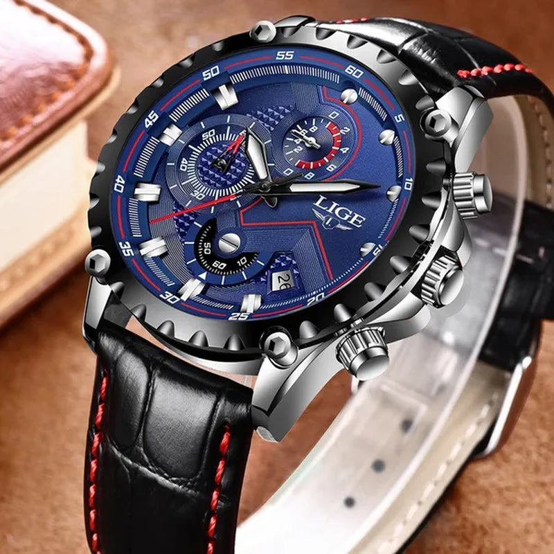 LIGE Mens Watches Top Brand Luxury Quartz Gold Watch Men Casual Leather Military Waterproof Sport Wrist Watch Male Fashion Clock