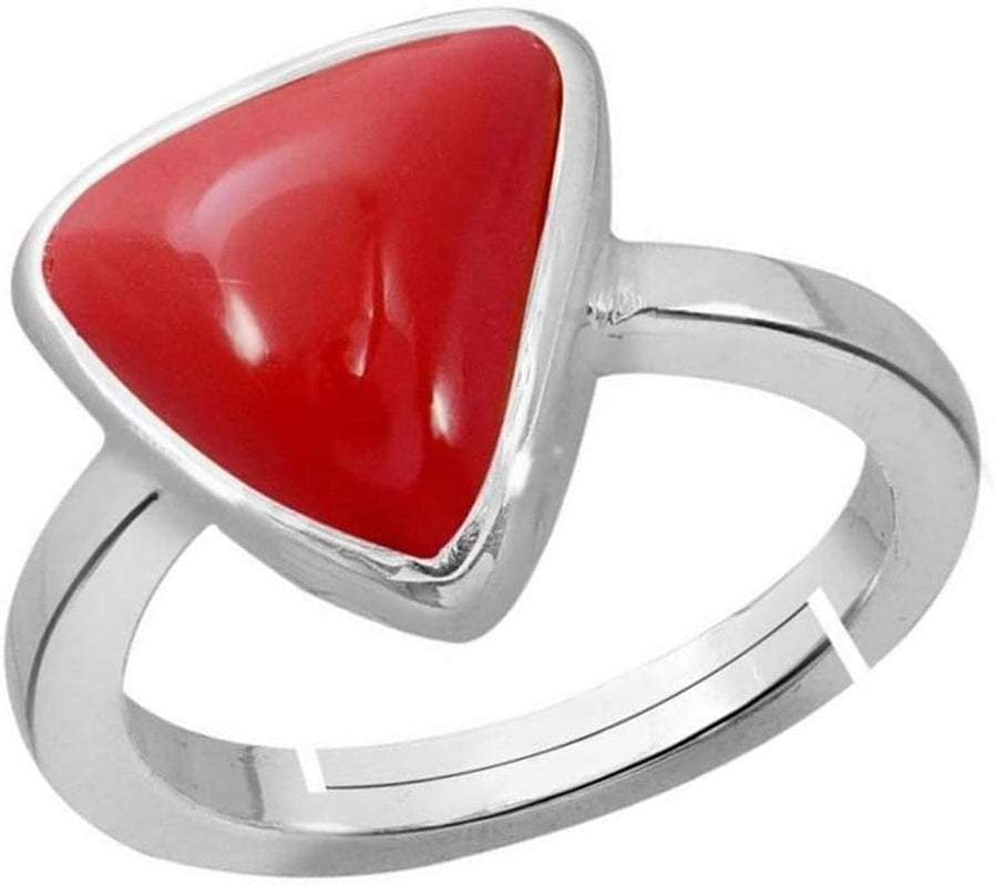 Triangle Red Coral Adjustable Ring 7.25 CARAT Moonga Gemstone Panchdhatu Solid Plated Adjustable Ring Astrology Purpose Red Coral Ring for Men and Women (Silver)