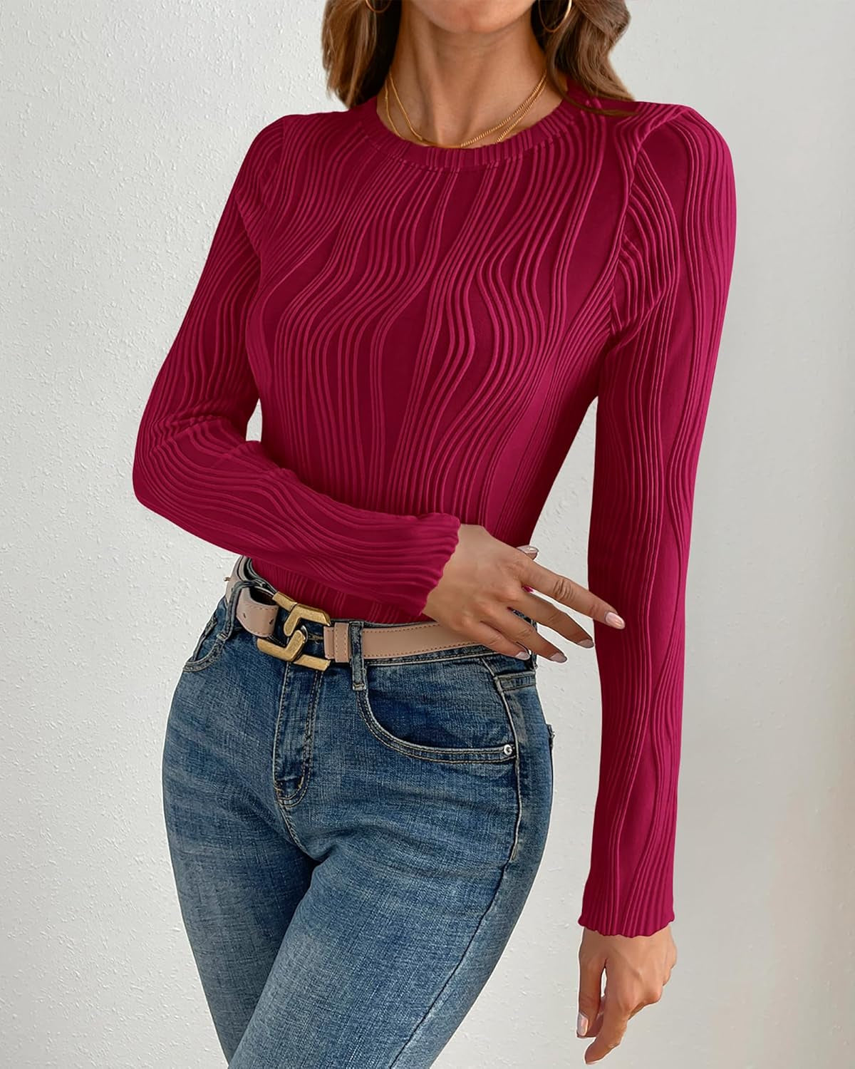 Women'S Tops 2025 Spring Fashion Long Sleeve Crewneck Blouses Slim Fit Shirts Textured Knit Basic T Shirts