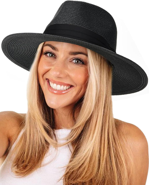 Womens Mens Wide Brim Straw Panama Hat Fedora Summer Beach Sun Hat UPF Straw Hat for Women