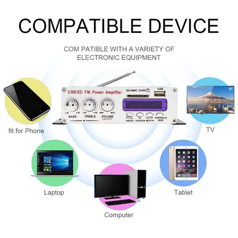 370BT Remote Control Bluetooth 2CH HI-FI High Power Car Audio Amplifier FM Radio Player Support SD / USB / DVD / MP3 for Car Motorcycle Home