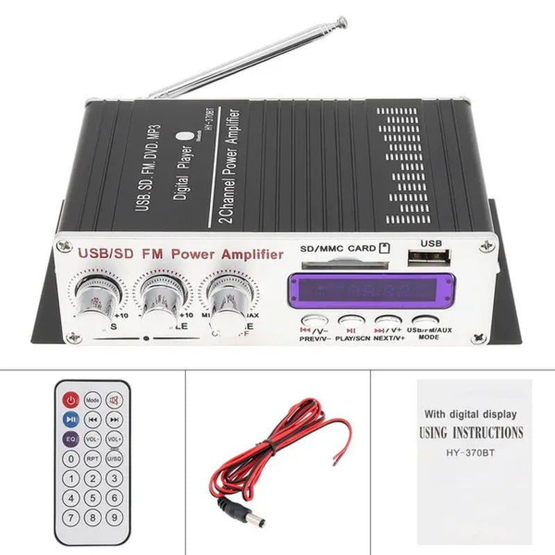 370BT Remote Control Bluetooth 2CH HI-FI High Power Car Audio Amplifier FM Radio Player Support SD / USB / DVD / MP3 for Car Motorcycle Home