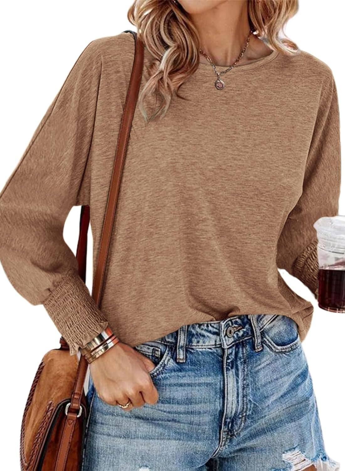 Womens Long Sleeve Tops Fall Outfits 2024 Dressy Casual Crew Neck Tee Shirts Smocked Loose Top Tunic Blouse
