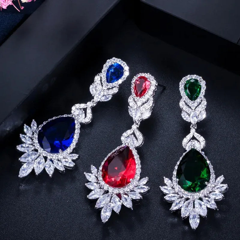 CANDICE Gorgeous Natural Red Green Zirconia Setting Silver Plated Big Teardrop Dangle Earrings for Women Party Dress Accessories