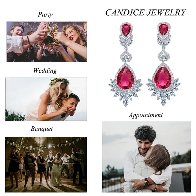 CANDICE Gorgeous Natural Red Green Zirconia Setting Silver Plated Big Teardrop Dangle Earrings for Women Party Dress Accessories